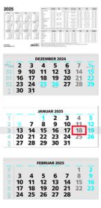 3-Monatskalender 2025 - 33,5x71 blau - mit Kopftafel - Datumsschieber - 5 sprachig - 3 Blöcke - 953-0015  4006928025824