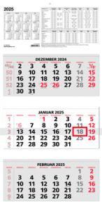 3-Monatskalender 2025 - 33,5x71 rot - mit Kopftafel - Datumsschieber - 5 sprachig - 3 Blöcke - 953-0011  4006928026548