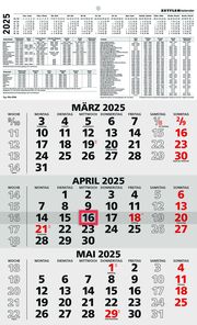 3-Monatskalender schwarz/rot 2025 - 29,7x48,8 - mit Kopftafel - Datumsschieber - 956-0000  4006928026104