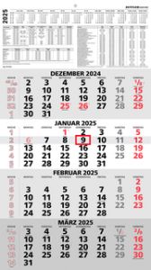 4-Monatskalender rot 2025 - 33x45 - mit Kopftafel - Datumsschieber- 959-0011-1  4006928026159