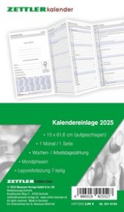 Kalender-Ersatzeinlage 2025 - für den Taschenplaner Leporello Typ 501 - 8,8 x 15,2 cm - 1 Monat auf 1 Seite - separates Adressheft - 501-6198  4006928025527